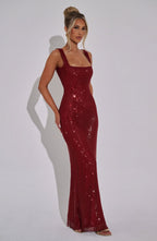 Women wearing Harrow Cassidy elegant prom maxi dress with rhinestone square neckline, suitable for prom and formal events.