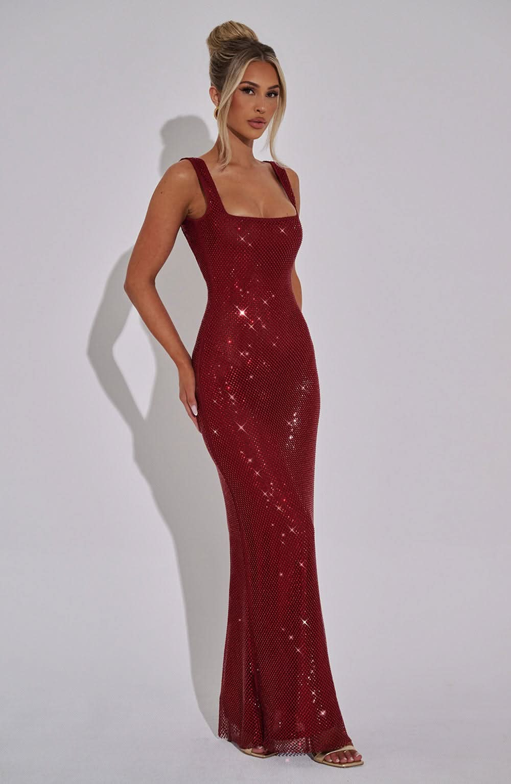Women wearing Harrow Cassidy elegant prom maxi dress with rhinestone square neckline, suitable for prom and formal events.
