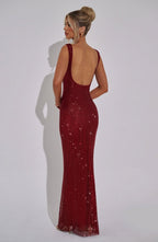 Women wearing Harrow Cassidy prom maxi dress with rhinestone square neckline, elegant formal evening gown for special events.