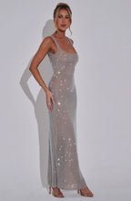 Women wearing Harrow Cassidy elegant prom maxi dress with rhinestone square neckline, suitable for formal events.