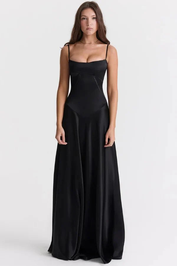 Women wearing Harrow Celeste luxe satin maxi dress with square neckline, ideal for prom and formal events.