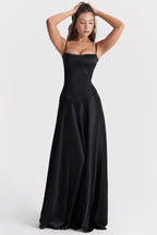 Elegant women’s satin maxi dress with square neckline by Harrow, perfect for prom and formal events.