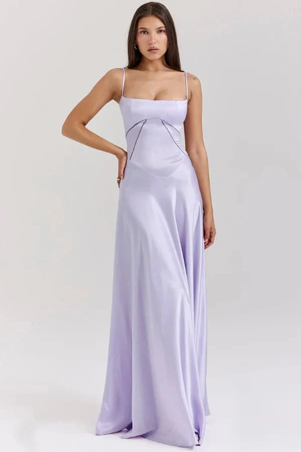 Elegant Harrow Celeste satin maxi dress with square neckline, perfect for prom and formal events, shown on a woman model.