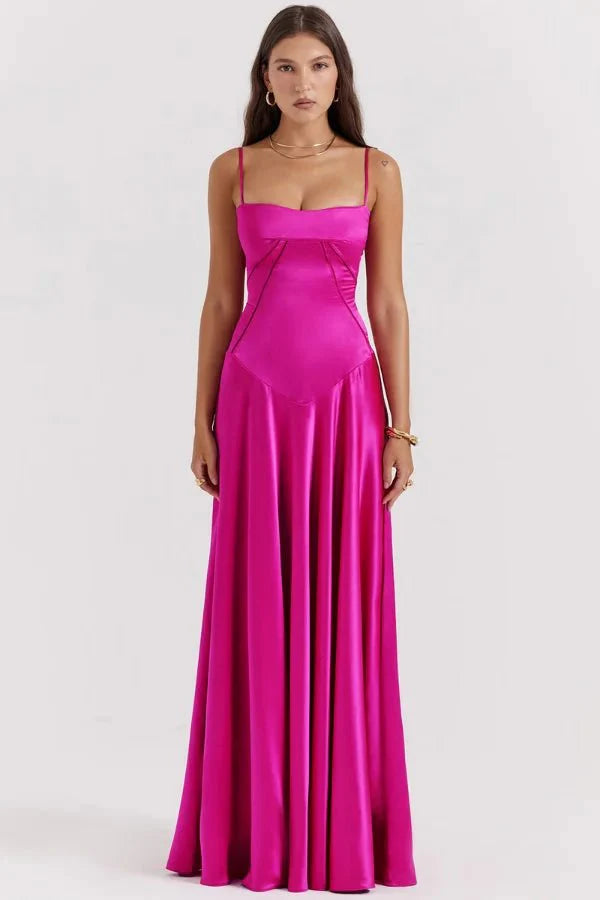 Women wearing the Harrow Celeste Luxe Satin Maxi Dress with square neckline, ideal for prom and formal events.