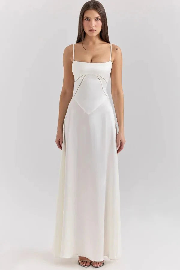 Women wearing the Harrow Celeste luxe satin maxi dress with square neckline, ideal for prom and formal events.