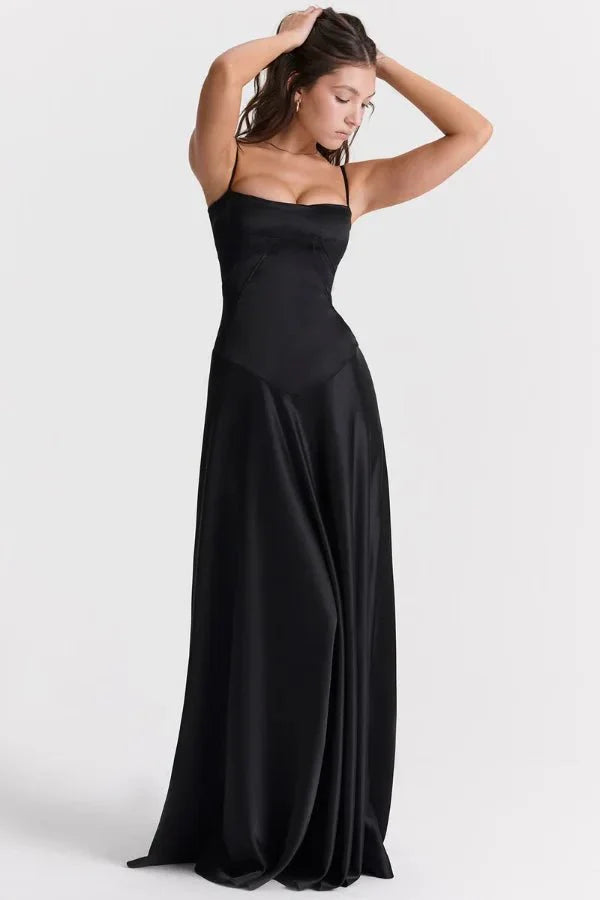 Women wearing the Harrow Celeste satin maxi dress with a square neckline, perfect for prom and formal events.