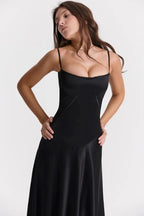 Women wearing the Harrow Celeste Luxe Satin Maxi Dress with square neckline, perfect for prom and formal events.