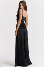 Women wearing Harrow Celeste luxe satin maxi dress with square neckline, ideal for prom and formal events.