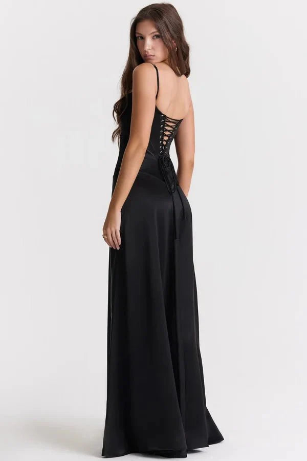 Women wearing Harrow Celeste luxe satin maxi dress with square neckline, ideal for prom and formal events.