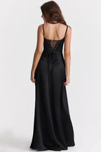 Women wearing Harrow Celeste luxe satin maxi dress with square neckline, perfect for prom and formal events.