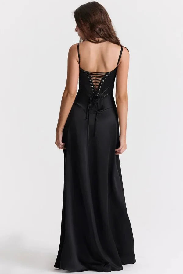 Women wearing Harrow Celeste luxe satin maxi dress with square neckline, perfect for prom and formal events.