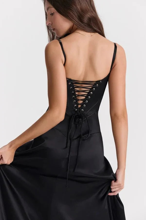 Women wearing the Harrow Celeste luxe satin maxi dress with a square neckline, ideal for prom and formal events.