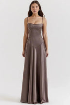 Women wearing the Harrow Celeste Luxe Satin Maxi Dress with a square neckline, perfect for prom and formal events.
