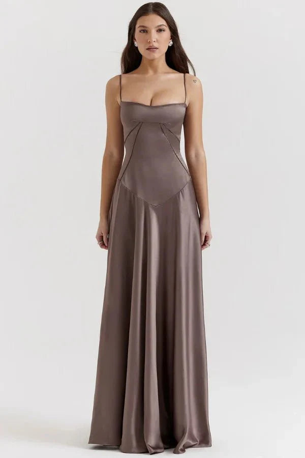 Women wearing the Harrow Celeste Luxe Satin Maxi Dress with a square neckline, perfect for prom and formal events.