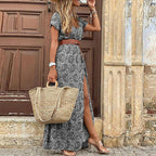 Women wearing Harrow Celia dreamy boho maxi dress with V-neck and belt, perfect for summer, flowing fabric and relaxed style.