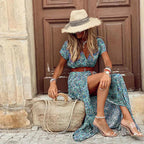 Women wearing Harrow Celia Dreamy Boho Maxi Dress with V-neck and belt, perfect for summer casual wear.