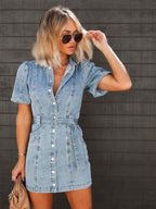 Harrow Celine mini dress for women with button front, collared neckline, puff sleeves, perfect for summer wear.