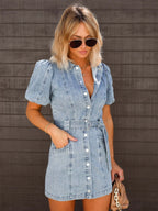 Women wearing Harrow Celine mini dress with button front, collared neckline, puff sleeves, perfect for summer occasions.