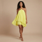 Women wearing the Cosima Effortless Halter Neck Mini Dress by Harrow, featuring a flowy summer design and halter neckline.