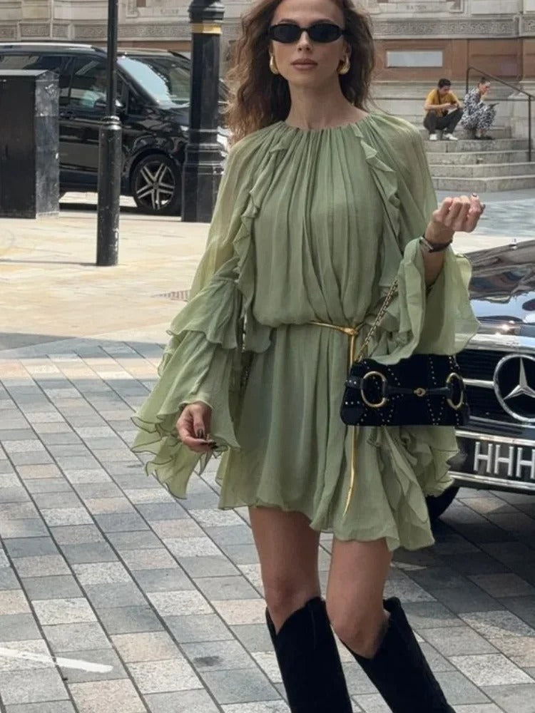 Harrow Crystal Playful Ruffle Mini Dress for women, featuring long sleeves and a round neckline, perfect for summer wear.