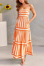 Women wearing the Harrow Cybele striped maxi dress with pockets, featuring a straight neckline and summer-ready style.