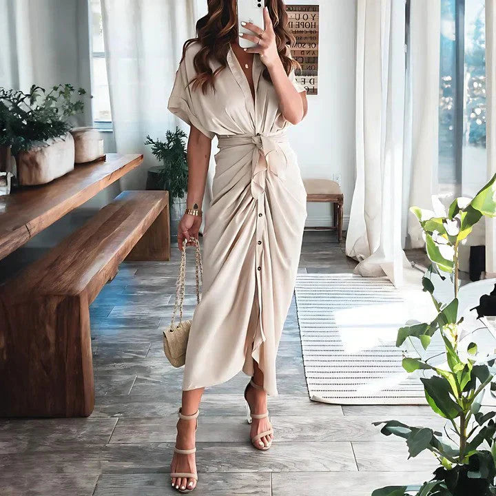 Harrow Delia women's collared V-neck midi dress, ideal for wedding guests, featuring elegant design and tailored fit.