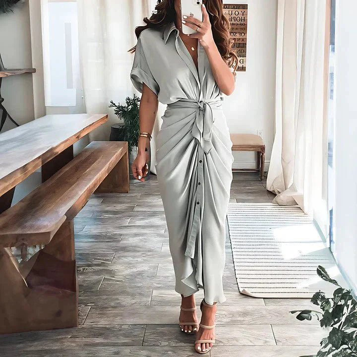Women wearing the Harrow Delia collared V-neck midi dress, perfect for wedding guests, featuring a stylish and elegant design.