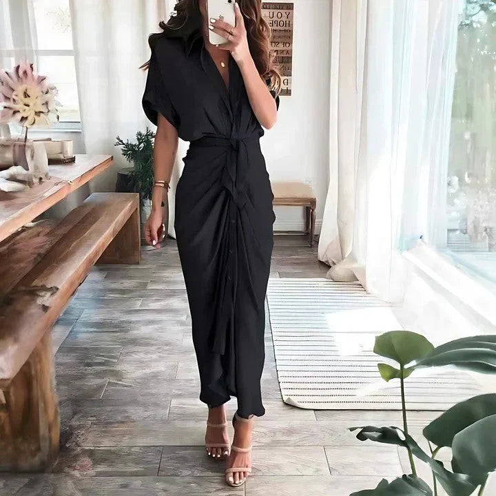 Women wearing the Harrow Delia collared V-neck midi dress, perfect for wedding guests, showcasing elegant fabric and stylish design.