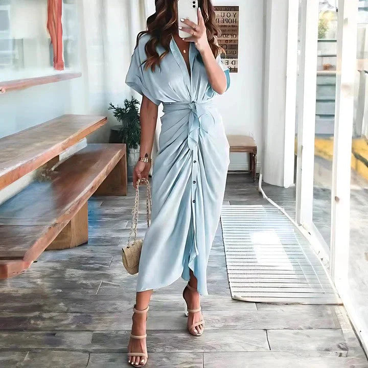 Harrow Delia wedding guest midi dress with a collared V-neck, lightweight fabric, and elegant design for formal occasions.