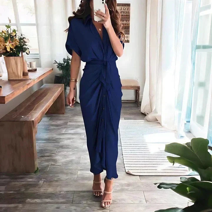 Harrow Delia women's collared V-neck midi dress, perfect for wedding guests, shown on a woman in an elegant setting.