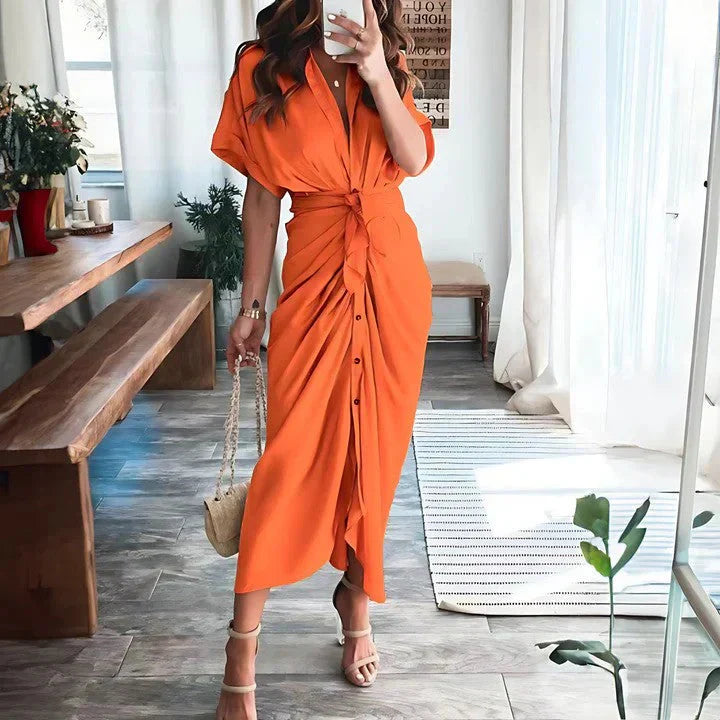 Women wearing the Harrow Delia collared V-neck midi dress, perfect for wedding guests, featuring a stylish and elegant design.