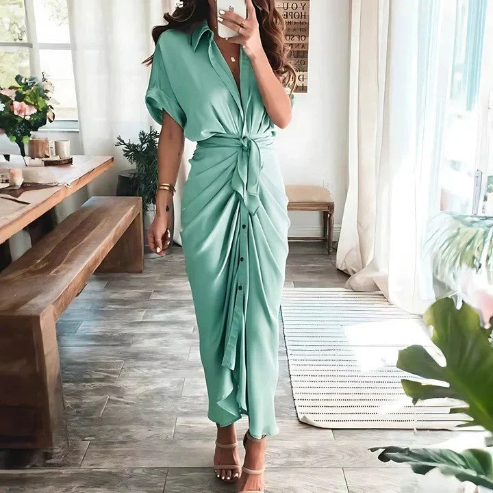 Women wearing the Harrow Delia collared V-neck midi dress, perfect for wedding guests, with elegant details and a flowing silhouette.