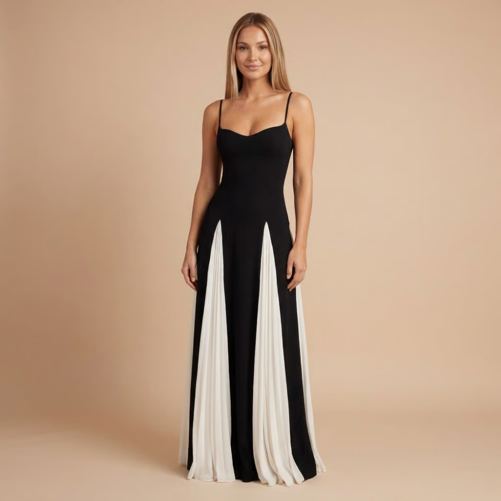 Women wearing the Harrow Delphine bold colorblock maxi dress with a sweetheart neckline, perfect for wedding guest attire.