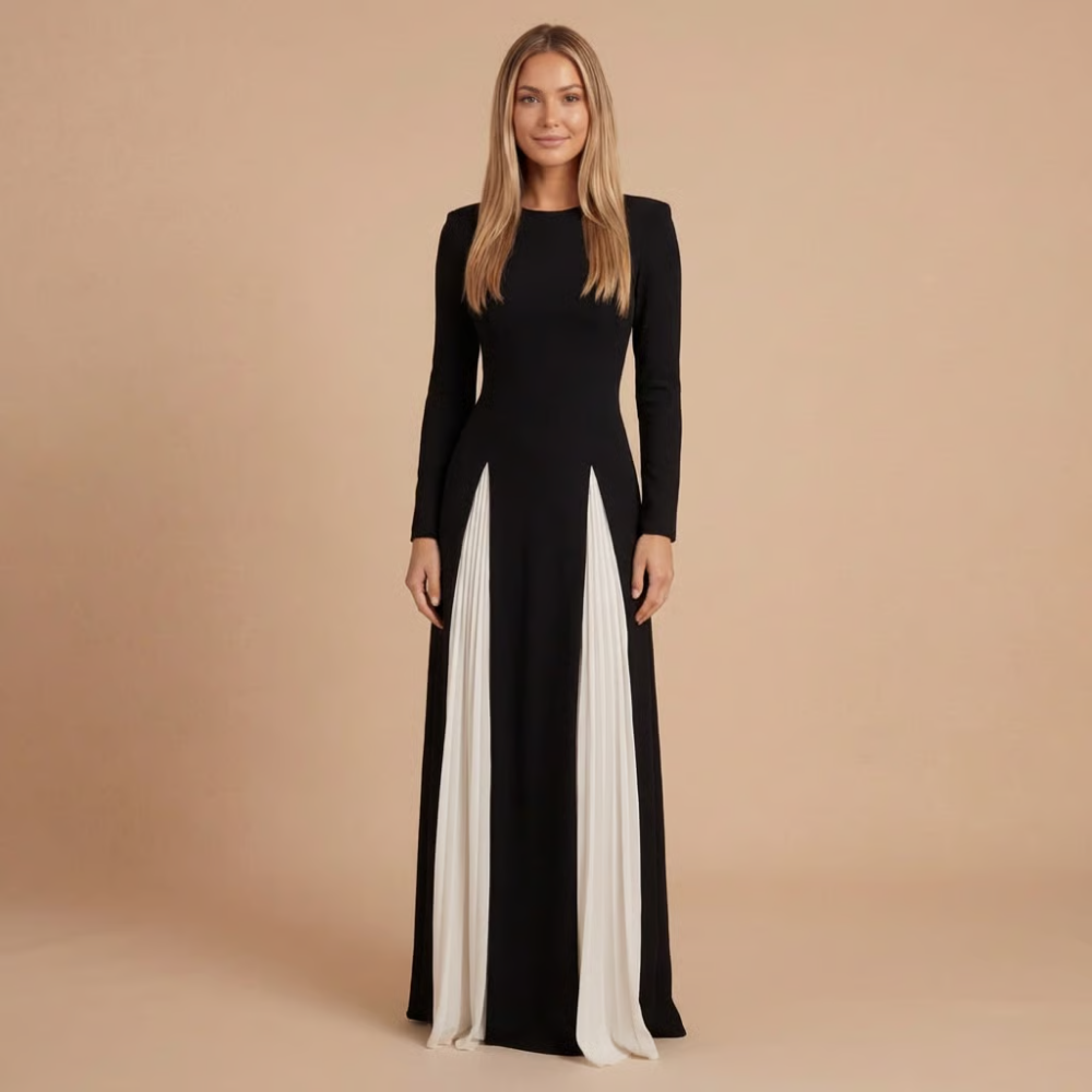 Women wearing the Harrow Delphine bold colorblock maxi dress with sweetheart neckline, suitable for wedding guests.