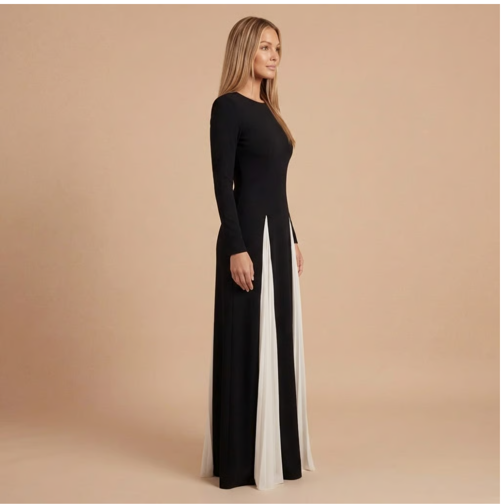 Women wearing the Harrow Delphine bold colorblock maxi dress with a sweetheart neckline, suitable for wedding guests.