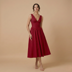Harrow Diane elegant deep V-neck midi dress for women, perfect for wedding guests, with A-line silhouette and sophisticated style.