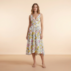 Women wearing the Harrow Diane elegant deep V-neck midi dress for wedding guests, featuring an A-line silhouette and sophisticated style.