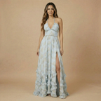Harrow Dulce floral maxi dress for women featuring halter neckline and slit, perfect for wedding guests.