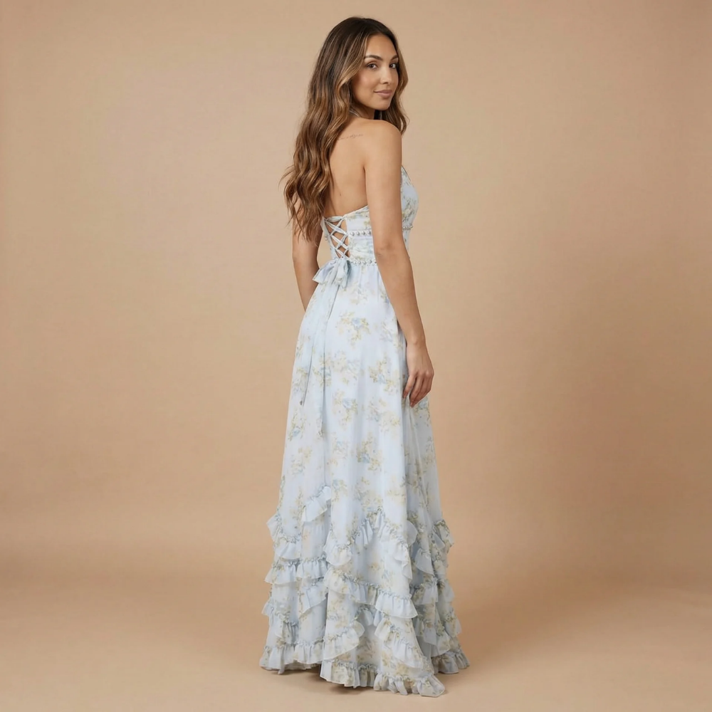 Harrow Dulce floral maxi dress for women, elegant halter neckline, flowing fabric, and a stylish slit, perfect for wedding guests.