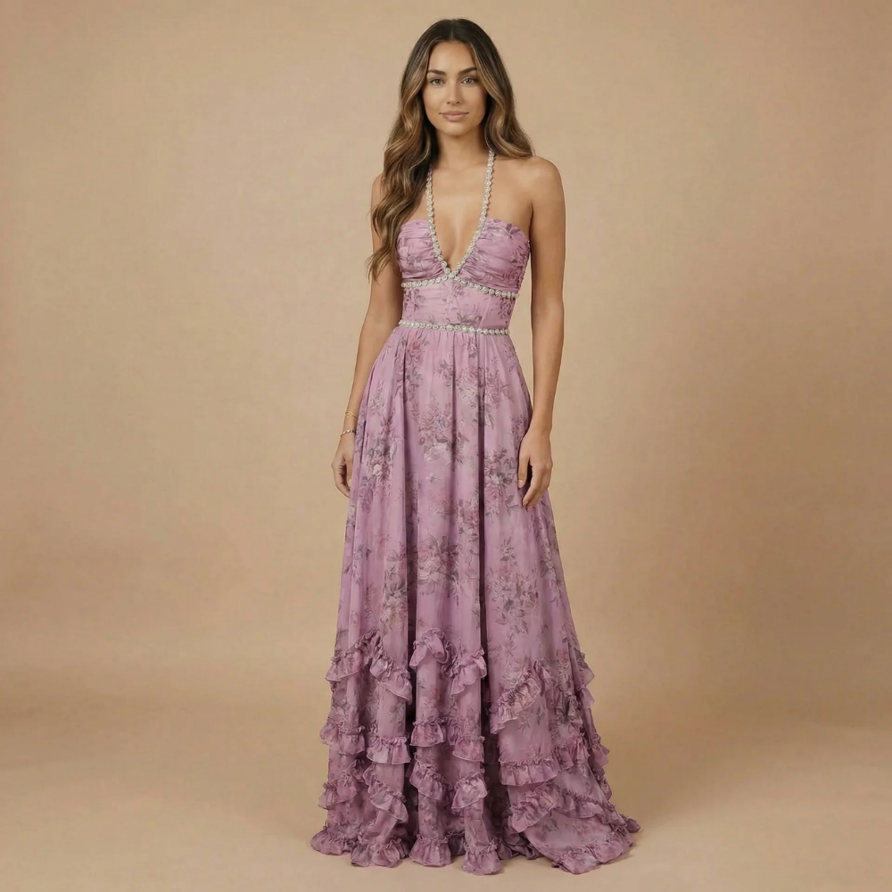 Harrow Dulce floral maxi dress for women featuring halter neckline, slit, and elegant design, ideal for wedding guest attire