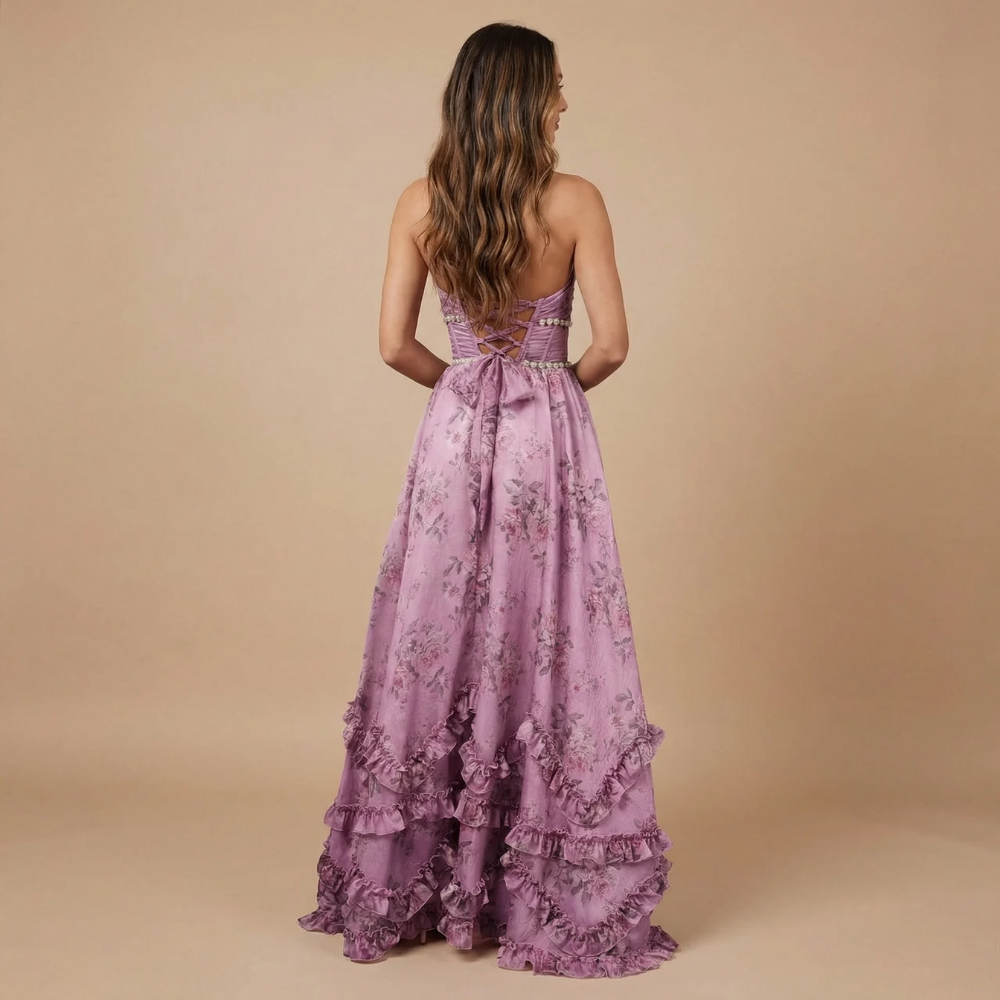 Harrow Dulce floral maxi dress for women, wedding guest style with halter neckline and side slit, elegant flowy fabric.