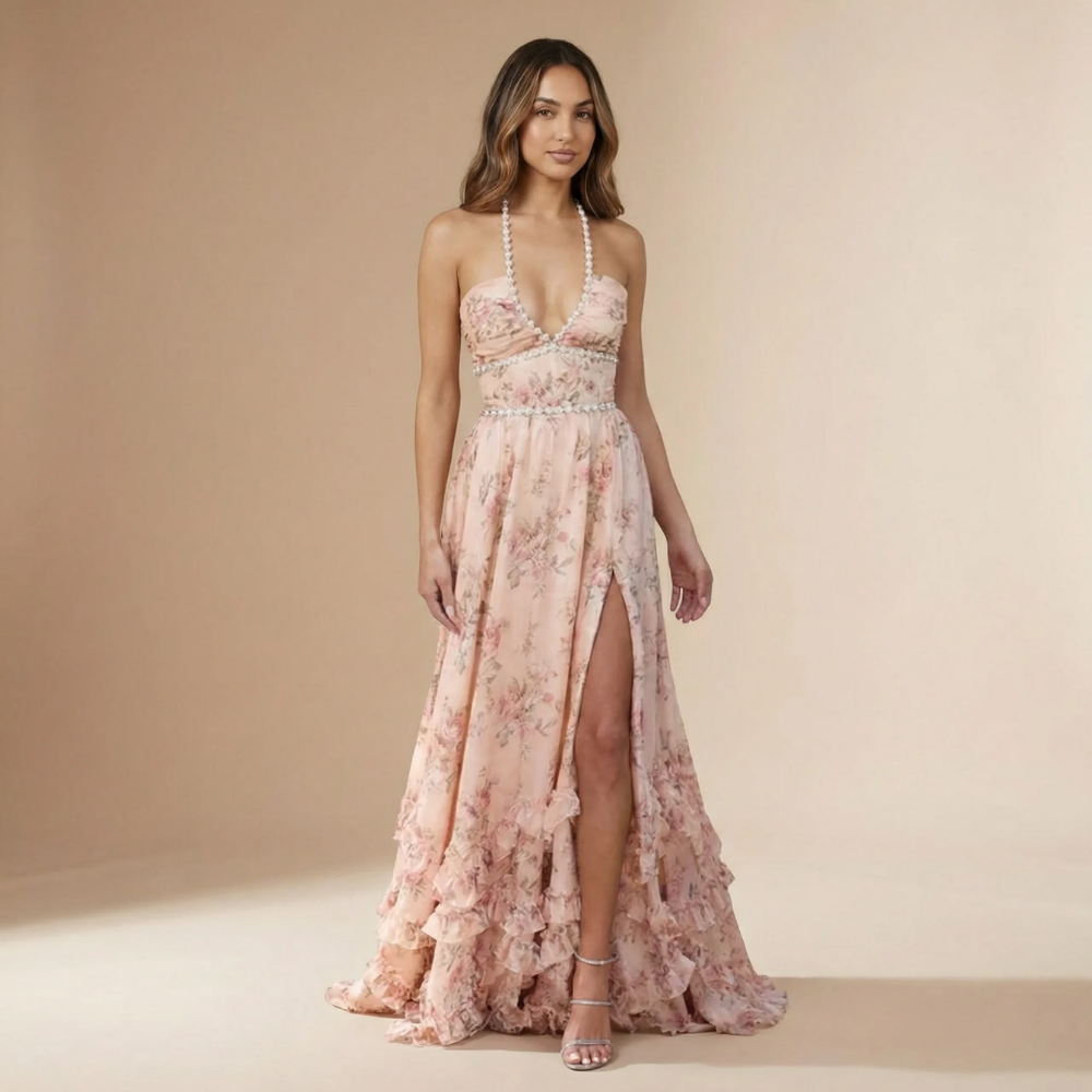 Harrow Dulce floral maxi dress for women, featuring halter neckline and slit, perfect for wedding guests.