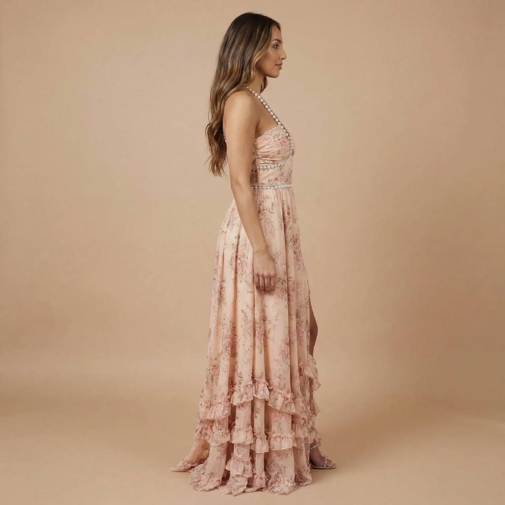 Harrow Dulce floral maxi dress for women, featuring a halter neckline and side slit, perfect for wedding guests.