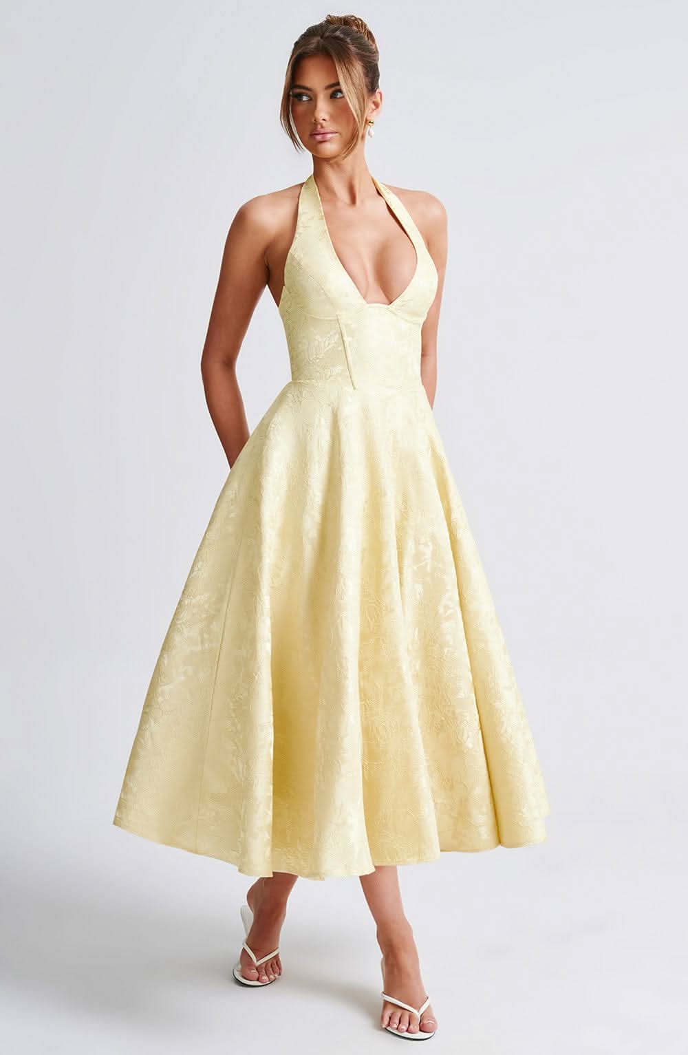 Harrow Edith floral midi dress for women, elegant halter neckline, perfect for wedding guests with romantic floral print.
