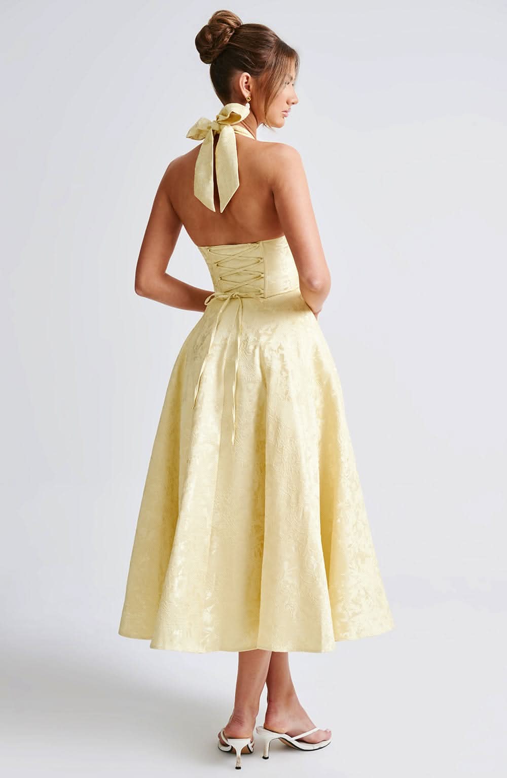 Harrow Edith floral midi dress for women, elegant halter neckline, perfect for wedding guests, featuring a dreamy floral pattern.