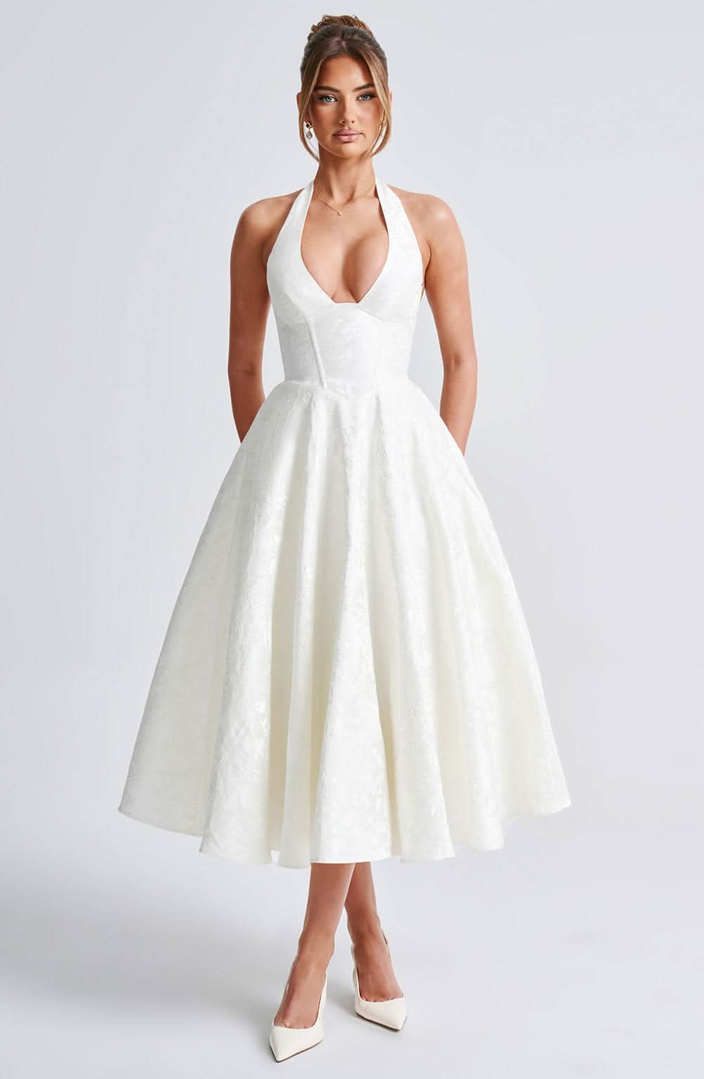 Harrow Edith floral midi dress for women, featuring a halter neckline and dreamy floral pattern, perfect for wedding guests.