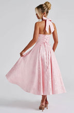 Harrow Edith floral midi dress for women, elegant halter neckline, perfect for wedding guests, with a dreamy floral pattern.