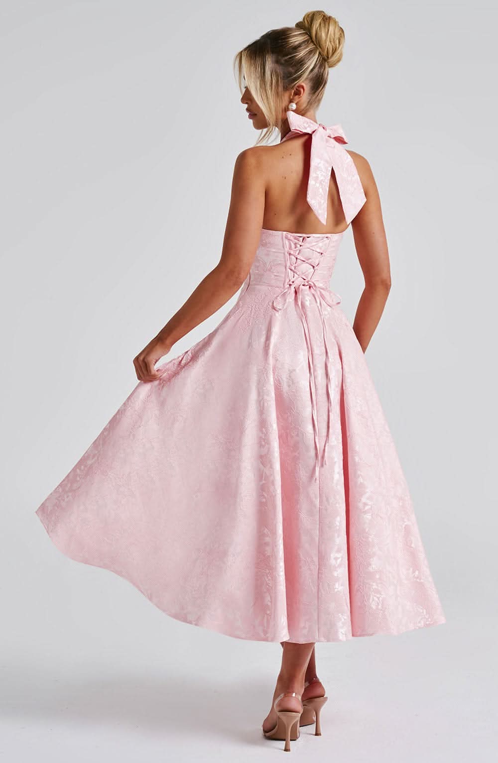 Harrow Edith floral midi dress for women, elegant halter neckline, perfect for wedding guests, with a dreamy floral pattern.