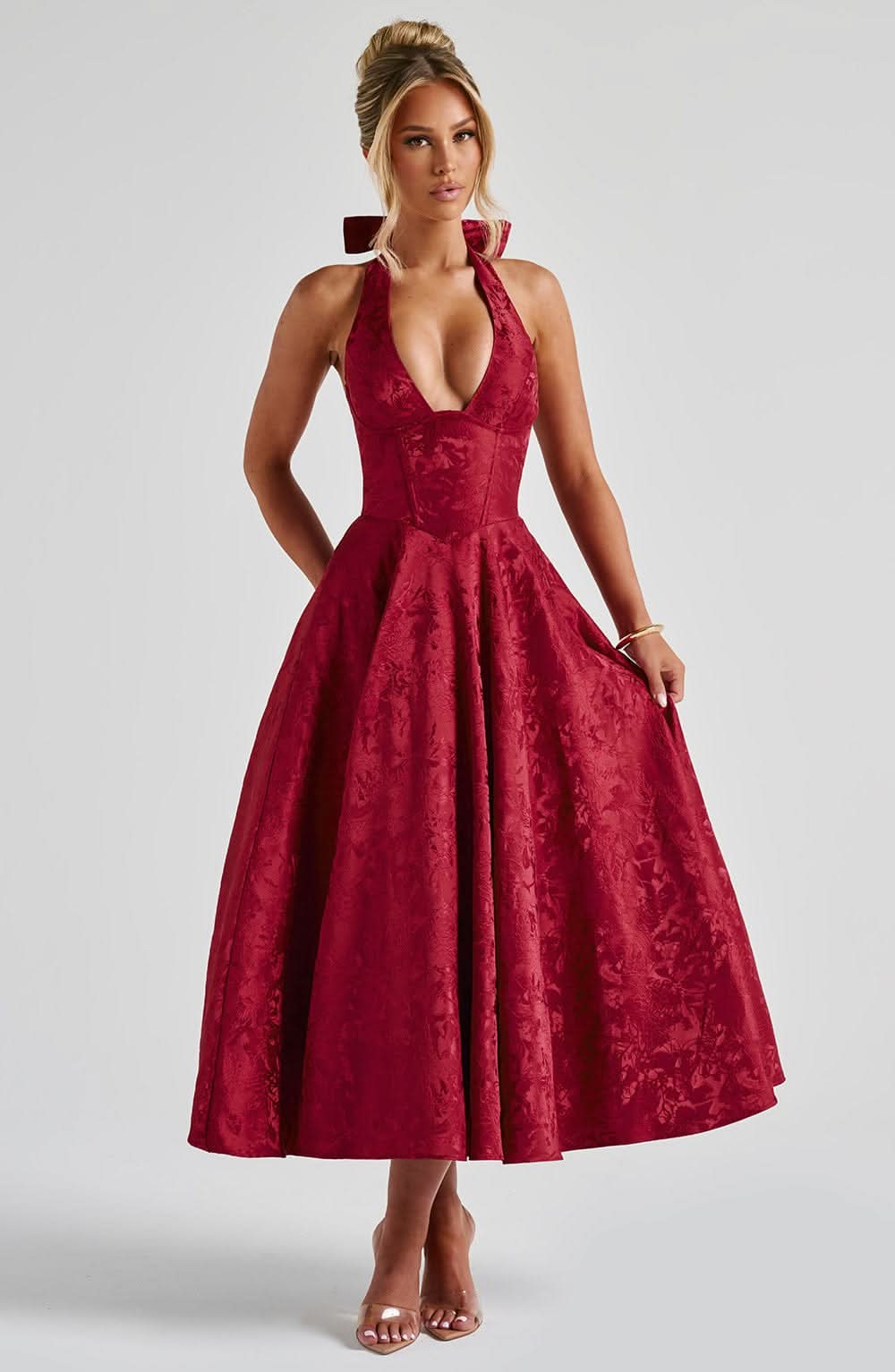 Harrow Edith floral halter midi dress for women, perfect as a wedding guest dress, featuring a dreamy floral pattern and elegant design.