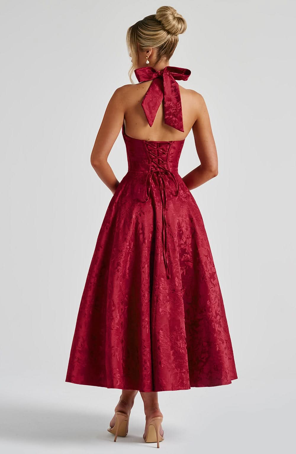 Harrow Edith floral halter midi dress for women, perfect for wedding guests, featuring a dreamy floral print and elegant design.